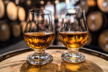 Two snifters filled with golden whiskey on barrel in rustic distillery. Warm lighting highlights amber tones, creating cozy atmosphere. Blurred barrels in background. Neural network AI generated