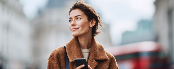 Confident woman in a coat, holding a smartphone, looks towards the future. Ideal for illustrating ambition, urban lifestyle, technology, and success.
