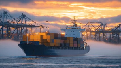 Cargo ship loading rare earth containers at industrial port, cranes and foggy sunrise emphasizing trade and global distribution - Powered by Adobe