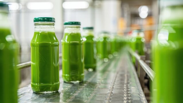 Row of fresh green juice bottles on a production line in a bright factory