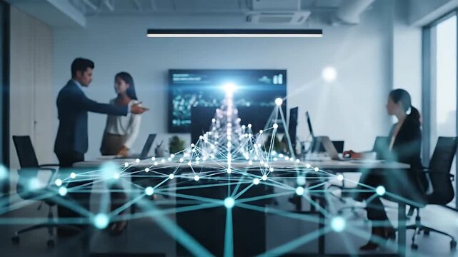 Professionals collaborating in a modern office with an abstract digital network overlay representing global data connection AI and future technology - Powered by Adobe