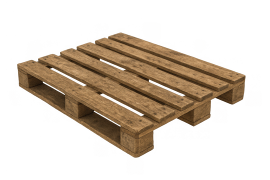 Wooden pallet providing a base for moving and storing goods. Used in logistics, shipping, and supply chain operations. Transparent background