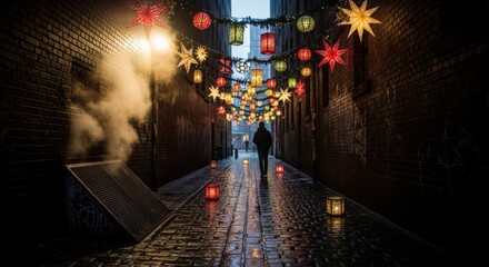 Rainy Alley Illuminated by Festive String Lights and Lanterns