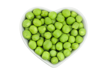 Fresh green peas in ceramic bowl isolated on white background. Top view. Flat lay