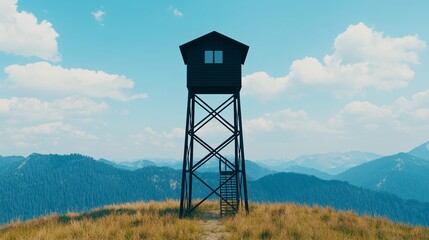 Drone view of mountain forest with active fire watchtower equipped with detection sensors. 