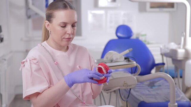 Female dentist demonstrating dental model in modern clinic, invisalign aligner orthodontic appliance teeth to make straight.