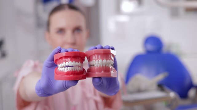 Dentist holding dental models for comparison invisalign aligner or system of braces for straightening teeth in clinic.