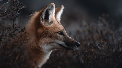 Obraz premium Intimate portrait of a maned wolf. The animal looks intently offframe, exuding alertness and grace. Perfect for wildlife, nature, or animalthemed projects.