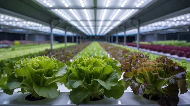 Rows of vibrant green lettuce and leafy vegetables growing under bright led lights in a modern indoor vertical farm