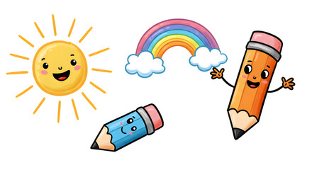 Colorful cartoon icons show rainbow, sun, pencils on black. Cute, playful, educational designs suit posters, stickers, cards.