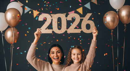  Mother and daughter hold number 2026 new year