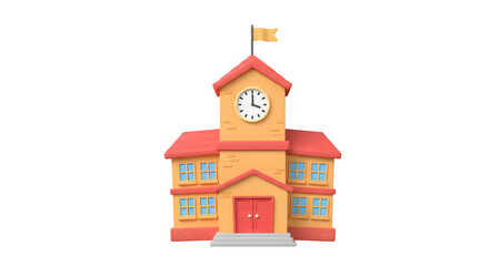 Cartoon school building design; the clean 3D render adds a touch of playful modernity. Use for presentations, social media, posters, or branding.