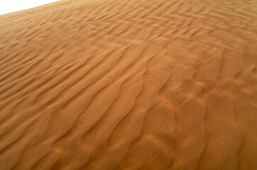Sand waves on the red dunes in the desert near Dubai at sunrise