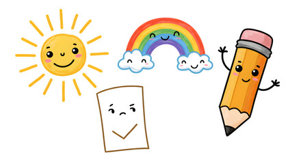 Whimsical Illustration features a sun, rainbow, pencil, and book, perfect for kid's posters or branding.