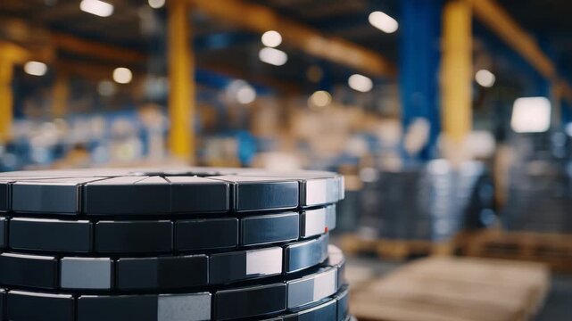 Close-up of neodymium magnets stacked in production area, symbolizing link between mining and high-tech industries