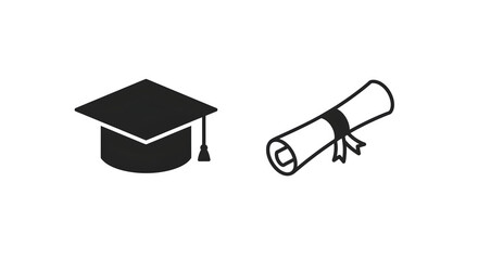 Graduation Cap and Diploma Outline on Black. Minimal illustration for education content, posters, and invitations.
