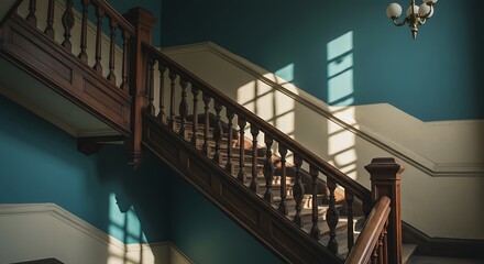Elegant wooden staircase in a historic building, bathed in warm natural sunlight, creating dramatic shadows and highlighting classic interior architecture and timeless design