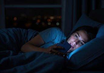Young woman in bed at night using her smartphone, illuminated by the screens glow, with city lights visible outside the window