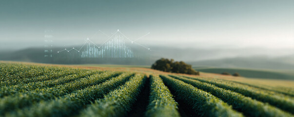 Agricultural tech concept. Lush green field with data overlay. Modern farming, crop yields, and technology. Great for business or environmental themes.