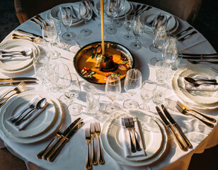 Elevated dining experience. An elegant table setting with fine cutlery and glassware. Ideal for showcasing luxury, celebration, or a refined culinary event.