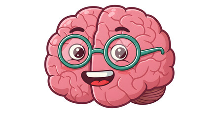 Pink Brain Cartoon smiles with glasses, a graphic vector illustration for educational resources.