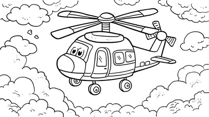 Cartoon helicopter flying in white clouds, black and white line art illustration for coloring book, children's activity page
