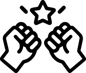 An outline icon representing raised fists and a star, symbolizing motivation, power, victory, and the achievement of success.