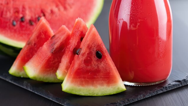 Juicy watermelon slices and a vibrant red drink on a dark slate surface. - Powered by Adobe