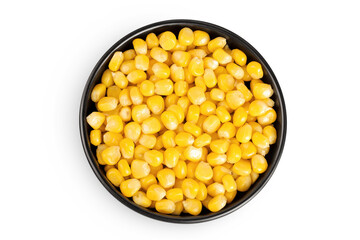 corn seeds in ceramic bowl isolated on white background. Top view. Flat lay