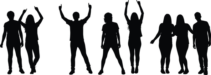 Black silhouette group of people standing, dancing, cheering, and interacting in casual poses on white background vector art
