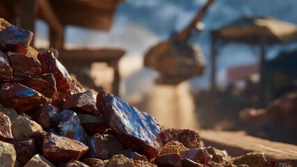 Detailed macro of rough copper chunks on dusty ground, machinery operating in background, sunlight accentuating the mineral’s vibrant hue