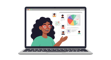 Laptop displays cartoon business meeting. Vector style. Use for presentations, advertising, marketing materials.