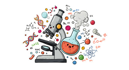 Playful science cartoon features a microscope, lab flask, DNA helix, & molecules on black for kids' educational materials, science-themed products, posters.