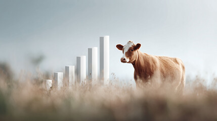 Concept image showing a cow near a rising graph. Metaphor for agricultural growth, dairy farming progress, or investment returns. Suitable for finance, farming, or business.