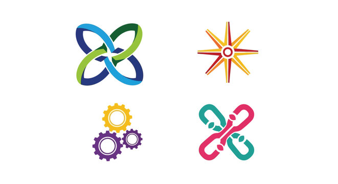 Abstract colorful logo designs featuring interconnected shapes and symbolic elements