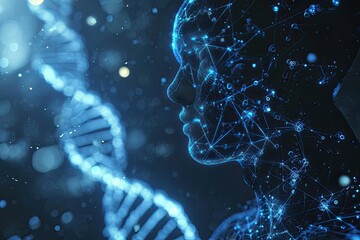 Man DNA genetic of human on virtual interface, communication with ai concept.