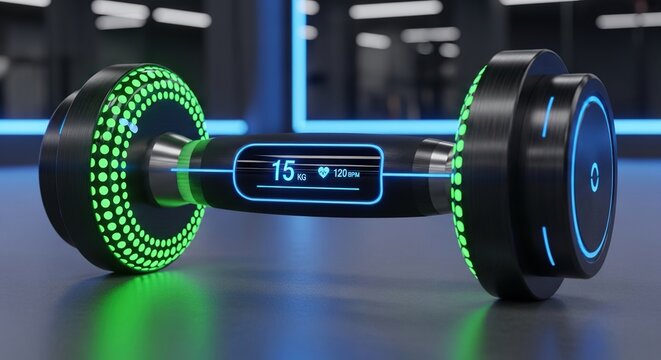Futuristic smart dumbbell with glowing green and blue lights displaying workout data in a modern gym setting