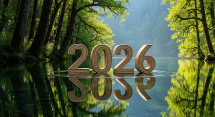 A Serene Forest Lake Reflecting the Year 2026 in Wooden Numbers