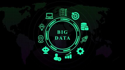 Big Data concept with icons around world map analytics. Business, technology, modern technology concept. - Powered by Adobe