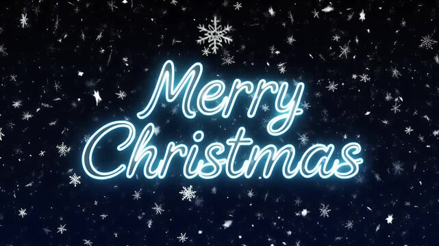 Merry Christmas greeting with animated snowflakes falling on a dark blue background