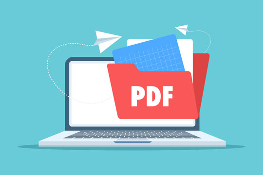 PDF document sharing concept showing files being transferred between folders, representing file transfer, digital sharing, and simple PDF icons. flat vector illustration on background.