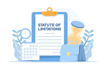Statute of limitations and legal time limits illustration. Concept of deadline for filing cases, law expiration period, justice balance, calendar and clock symbols representing legal timeframe.