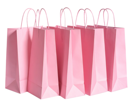 Set of Pink Shopping Bags with Handles, Front View, Isolated on Transparent Background