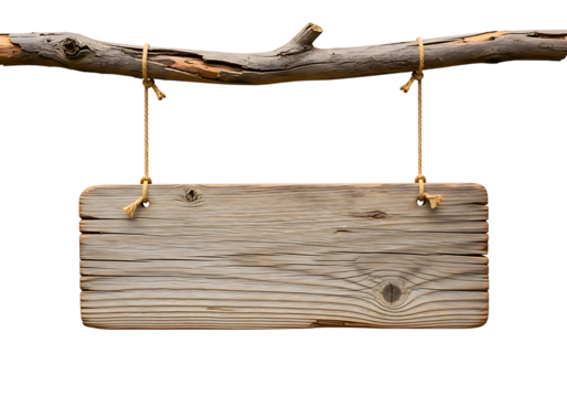 Rustic wooden sign hanging from a branch isolated on transparent background