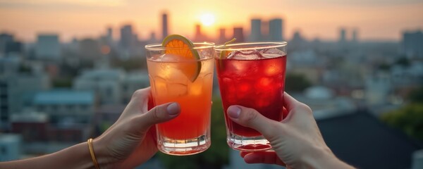 Two hands hold colorful cocktails with ice and fruit garnishes against a city skyline at sunset. People toast drinks on a rooftop celebrating a special occasion with friends.