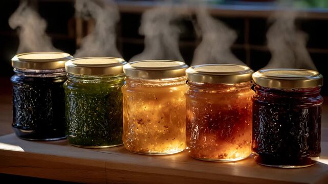 Five jars of sauces with rising steam, bottles showing vibrant colors and textures, warm sunlight hitting wooden surface, cozy kitchen scene for recipe articles