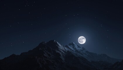 Dramatic Mountain Landscape: Full Moon And Stars Illuminate The Dark Night Sky In This Breathtaking Scene. Awe-Inspiring Beauty Of Nature.