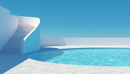 Obraz premium Summer Season: Curved Staircase And Blue Water Fill An Abandoned Swimming Pool, Creating An Empty And Tranquil Scene.