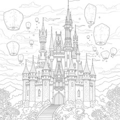 Obraz premium A majestic castle with multiple towers and hot air balloons floating in the sky
