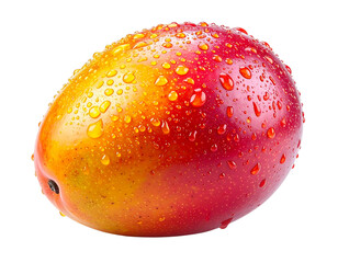 Angled Organic Mango with Dewy Surface and Highlighted Texture, White Background Isolation